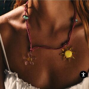 New ZARA Sun and Flower Charm Cord Pendant Necklace
